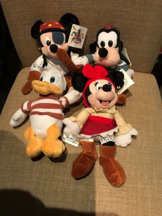 Disney Mickey Minnie Goofy Donald Pirate Plush Beanie With Sword Nwt Set Of 4
