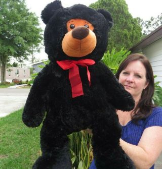 Large Chrisha Playful Plush Black Teddy Bear Silky Bow Plush Stuffed Animal Doll