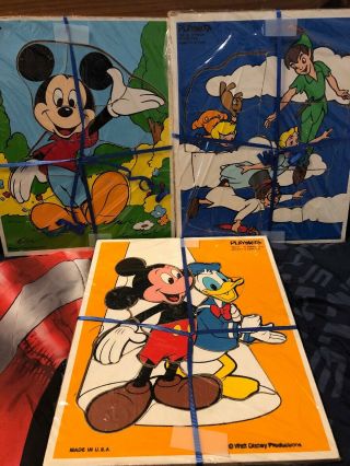 3 Vintage Playskool Wooden Puzzles Mickey And Donald,  Mickey Mouse And Peter Pan