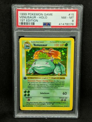 Venusaur Holo 1st Edition Shadowless Psa 8 Nm - Mt 1999 Base Set Pokemon Card 15