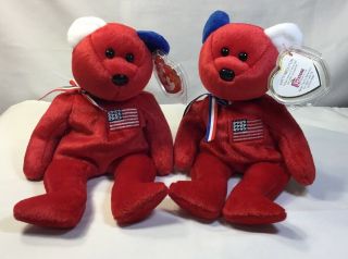 2 Ty Beanie Babies Rare Red America Set Reversed Ears