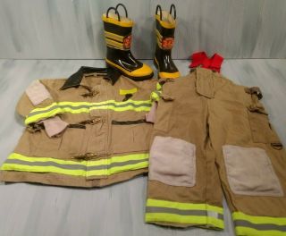 Teetot Fireman Turnout Coat & Pants W/ Size 12 Western Chief Rain Boots Kids