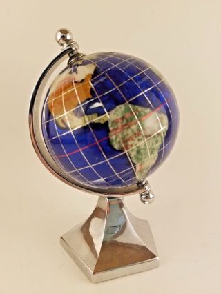Unique Art 5 - Inch Mini Blue Lapis Gemstone World Globe Silver Base Office Decor