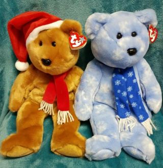 Ty Buddies Holiday Teddy Bears 1997 Brown With Santa Hat 1999 Blue Snowflakes