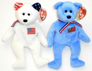 Ty Beanie Babies " America " Bear Retired Set Of 2 With Tags & Tag Protectors