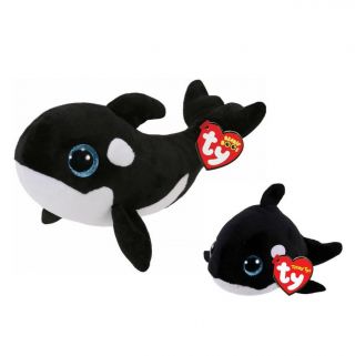 Set Of 2 Ty Beanie Boos 6 " Nona & Teeny Tys Orville The Orca Whale W/ Heart Tags