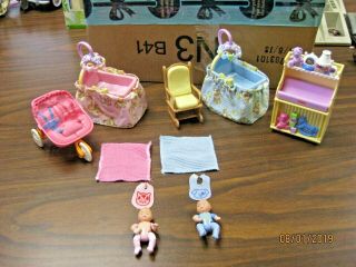 Fisher Price Loving Family Dollhouse Twin Babies Dolls,  Bassinets,  Changing Tabl