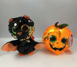 Set Of 2 Ty Halloween 3 " Omen Bat & Seeds Pumpkin Beanie Boos Sequins Plush Mwmt