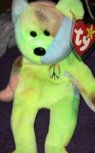 Ty Beanie Baby - Peace The Ty - Dyed Bear (rainbow) With Tag Protector Retired