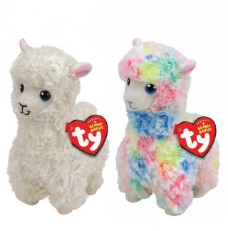 Set Of 2 Ty Beanie Baby 8 " White Lily & Rainbow Lola Llama Plush W/ Heart Tags