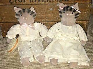 2 Vintage Handmade Kitty Cat Plush Toy Boy/girl Folklore Dolls Mc Kitsch