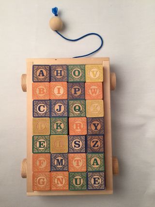 Uncle Goose Wooden Cart W/ 28 Wood Alphabet Blocks W/ Pull String/ Wood Wheels