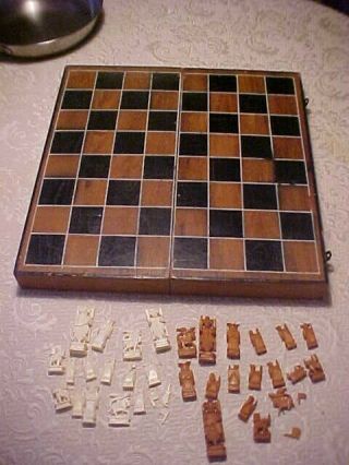 Antique Hand Carved Chinese Chess Set In Board Case Warlord Figures As Found