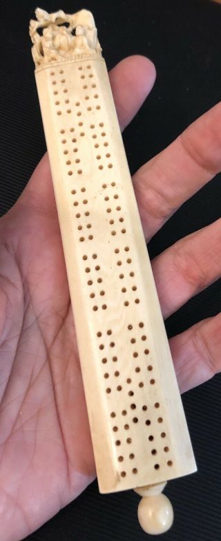 Antique Vtg Asian Cribbage Board With 6 Pegs Hand Carved Bovine Bone 7 " Long