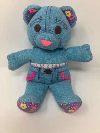Tyco Doodle Pets Blue Pink Denim Look Teddy Bear Vintage 1990s Plush Toy 10” A14