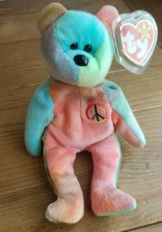 Peace Bear - Ty Beanie Baby - 1996 Retired - Tag Cover