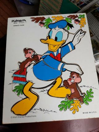 Vtg Playskool Disney Wood Puzzles 190 - 02 Donald Duck Chip Dale Walt Disney