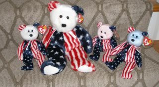 Three (3) Ty Beanie Babies,  Buddy - Spangle - Red,  White And Blue - Mwmt
