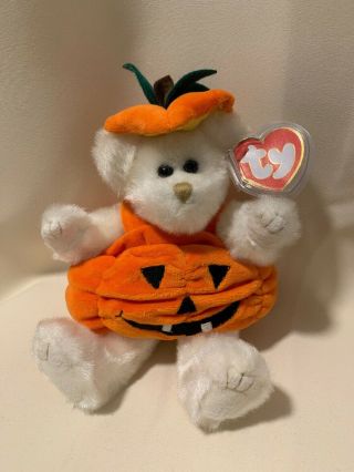 Ty Attic Treasures Beanie Baby Carver Pumpkin Bear Halloween Decoration Pristine