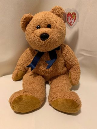 Ty Beanie Buddy Fuzz Brown Teddy Bear Blue Ribbon 12 " Plush Stuffed Animal 1999