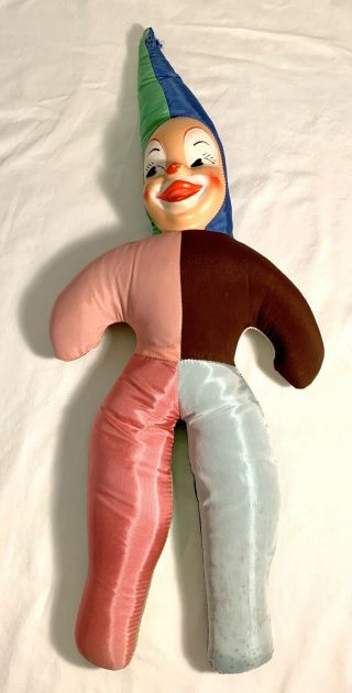 Vintage Large 27 Inch Carnival Stuffed Plush Clown Doll With Plastic Face,  1960s