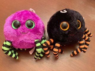Crawly Black & Purple Spiders - Set Of 2 - Ty Beanie Boo W/ Tags Halloween