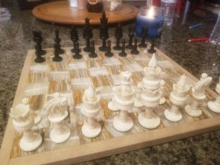Vintage Bone Chess Set,  Lotus Pattern Large 4.  25 " Kings, .
