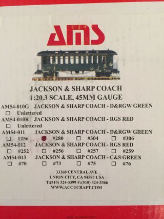 Denver Rio Grande D&RGW Jackson & Sharp Coach 280 Green AMS Accucraft 1:20.  3 2