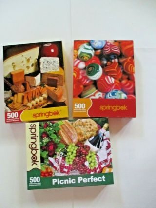 3 Complete 500 Piece Springbok Puzzles.  Cheese,  Picnic,  Marbles.  Great Buy.
