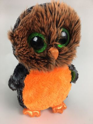 Ty Beanie Boo Midnight Owl Plush 9 " Big Green Eyes Orange Brown With Tag