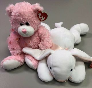 Ty Dewdrops Pink Bear And Ty Pillow Pal Clover Bunny