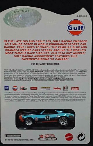 Hot Wheels Gulf ' 67 Camaro Good Year Real Rider RLC Red Line Club 3