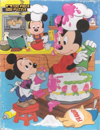 Vintage Golden Disney Mickey Cake Making 100 Piece 12 " X 15 " Puzzle 1986