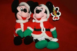 Disney Store Santa Mickey & Minnie Mouse Plush/ Beanies Red And White Christmas