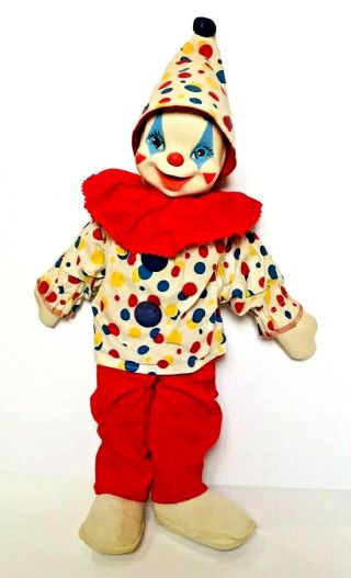 Vintage Gund Rubber Plastic Face Clown Red Blue Yellow White Stuffed Plush Toy