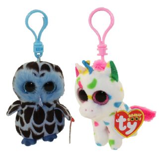 Set Of 2 Ty Beanie Boos 3 " Plastic Key Chain Clip Yago Owl Harmonie Unicorn Mwmt