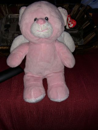 2006 Ty Pluffies Little Angel Teddy Bear Pink Soft Plush Stuffed Doll Toy 11 "