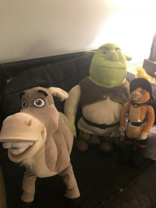 (3) Plush Toys Of Shrek Donkey And Puss In Boots Big And Top Of The Line Rare