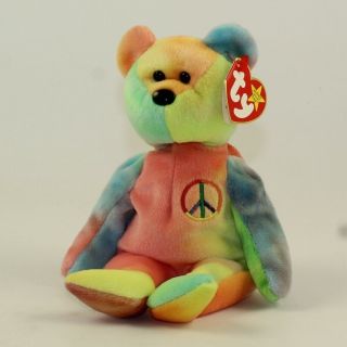 Ty Beanie Baby - Peace The Ty - Dyed Bear (pink/yellow) (8.  5 Inch) Mwmt