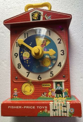 1968 Fisher Price Vintage Musical Toy Music Box Antique Teaching Clock School