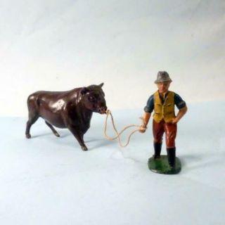 Vintage Lead Farm Bull & Farmer With Rope 1950 By Timpo - Britains Era Vgc