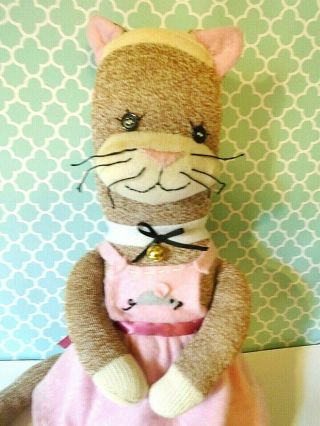 Vintage Sock Monkey | Handmade | Red Heel | Dressed Kitty Cat,  Pink Dress Ooak