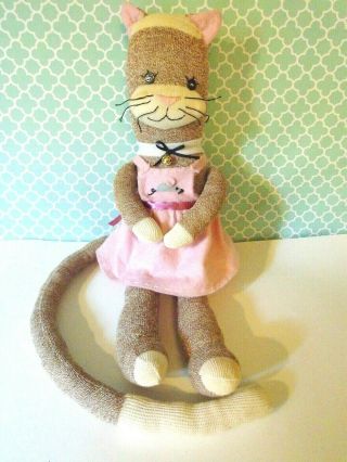 Vintage SOCK MONKEY | Handmade | Red Heel | Dressed Kitty Cat,  Pink Dress OOAK 2