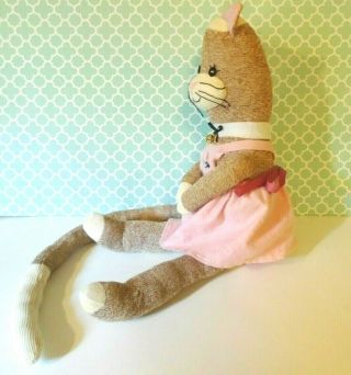Vintage SOCK MONKEY | Handmade | Red Heel | Dressed Kitty Cat,  Pink Dress OOAK 5