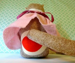 Vintage SOCK MONKEY | Handmade | Red Heel | Dressed Kitty Cat,  Pink Dress OOAK 6