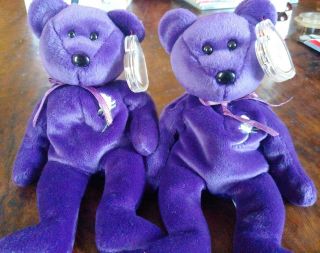 2 Rare 1st Edition 1997 Ty Princess Diana Beanie Baby,  Made In China P.  E Pellets
