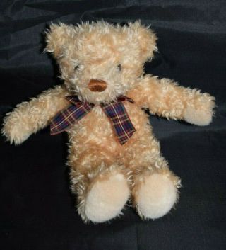 Gund Wuzzy Teddy Bear Curly Light Golden Brown Fur Plaid Bow Plush 6402 12 "