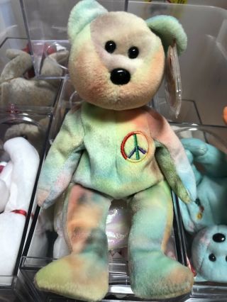 1996 Ty Beanie Baby " Peace " Tie Dye Peace Sign Bear