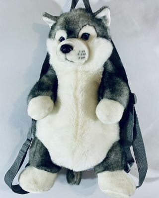 Aurora Kids Gray Husky Wolf Dog Plush Adjustable Straps Zip Compartment Backpack