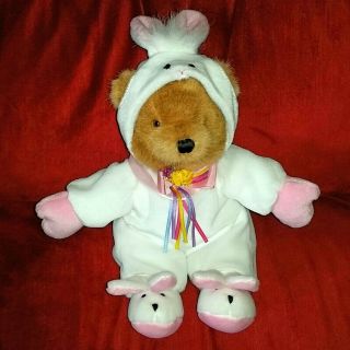 Dan Dee Brown Teddy Bear In A White Pink Bunny Suit Ribbons Bow Soft 13in Plush